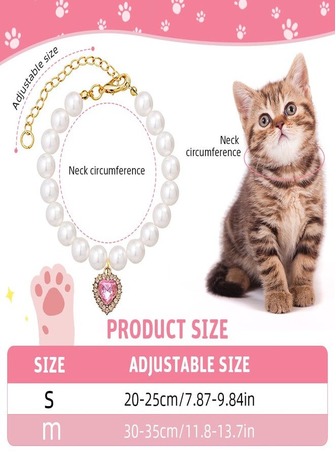Qpets® Jewelry Cat Collar, Pet Collar Jewelry Necklace with Pink Rhinestone Heart Charm Pearl, Adjustable Cat Collar Valentine's Day Gift Puppy Necklace Photography Prop (M, 30-35CM) - Image 2